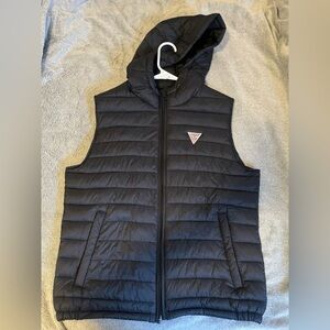 Guess Puffer Vest Black Hooded Sleeveless Jacket Logo Patch Men’s Size large